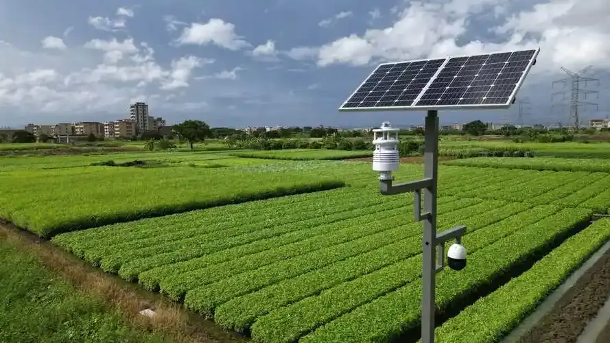 Solar-powered smart agricultural weather station installed in an outdoor farm field.