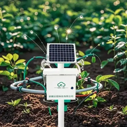Drip irrigation manifold in a commercial orchard connected to an automated weather station.