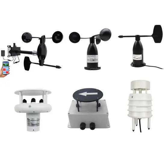 Ultrasonic anemometer and cup anemometer shown as two wind measurement technologies for meteorological monitoring.