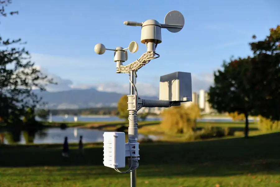 Weather monitoring station equipped with meteorological sensors for measuring wind, temperature, humidity, and precipitation.