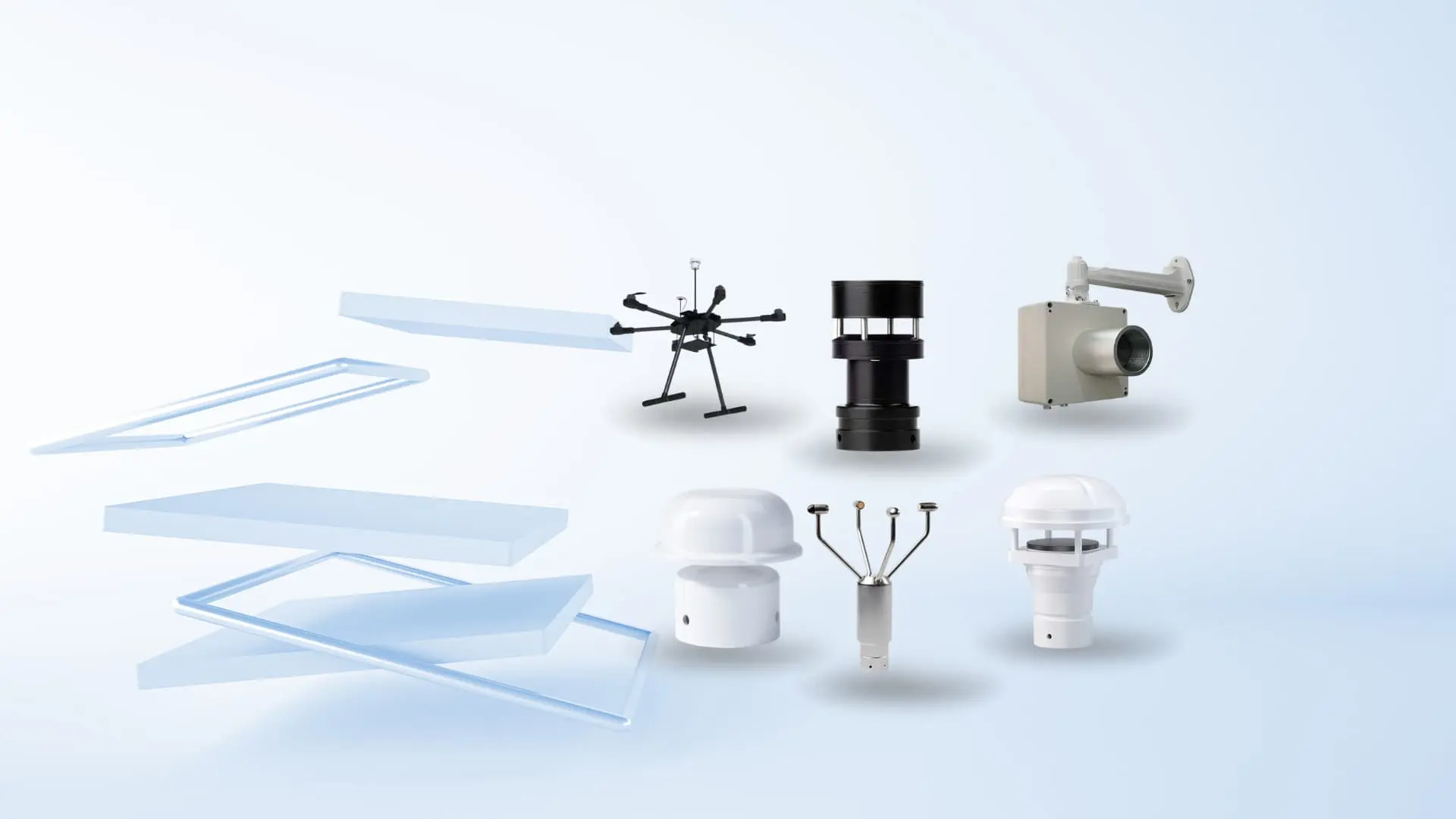 A collection of 6 professional ultrasonic wind sensors and anemometers on a geometric background