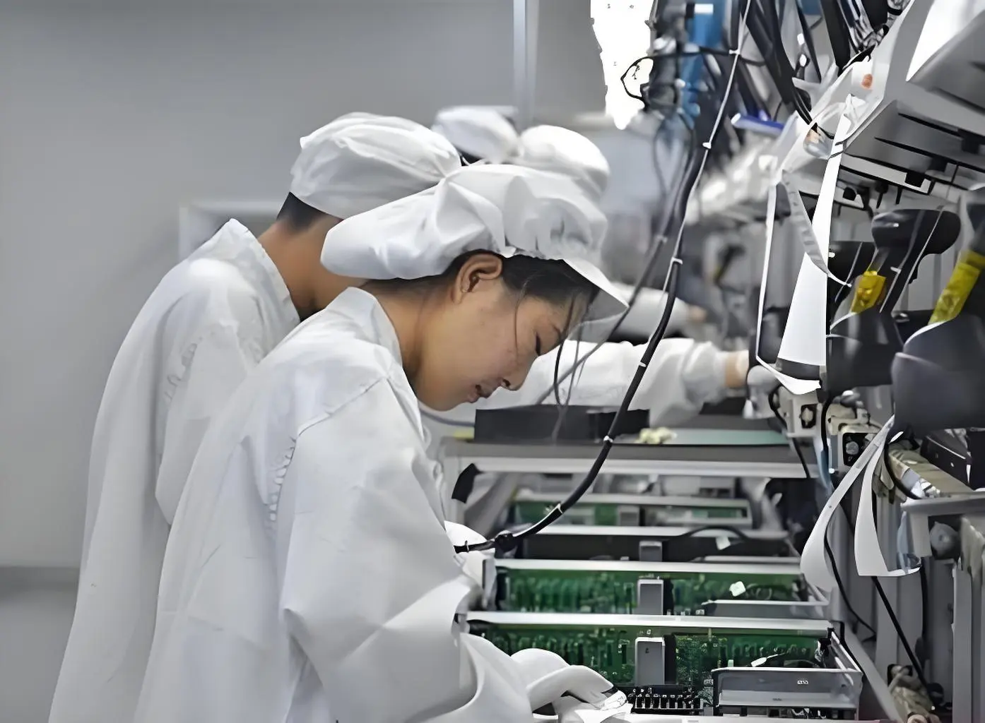 Skilled female technician meticulously assembling precision meteorological sensors on Virtue's in-house production line, showcasing our OEM manufacturing capabilities.